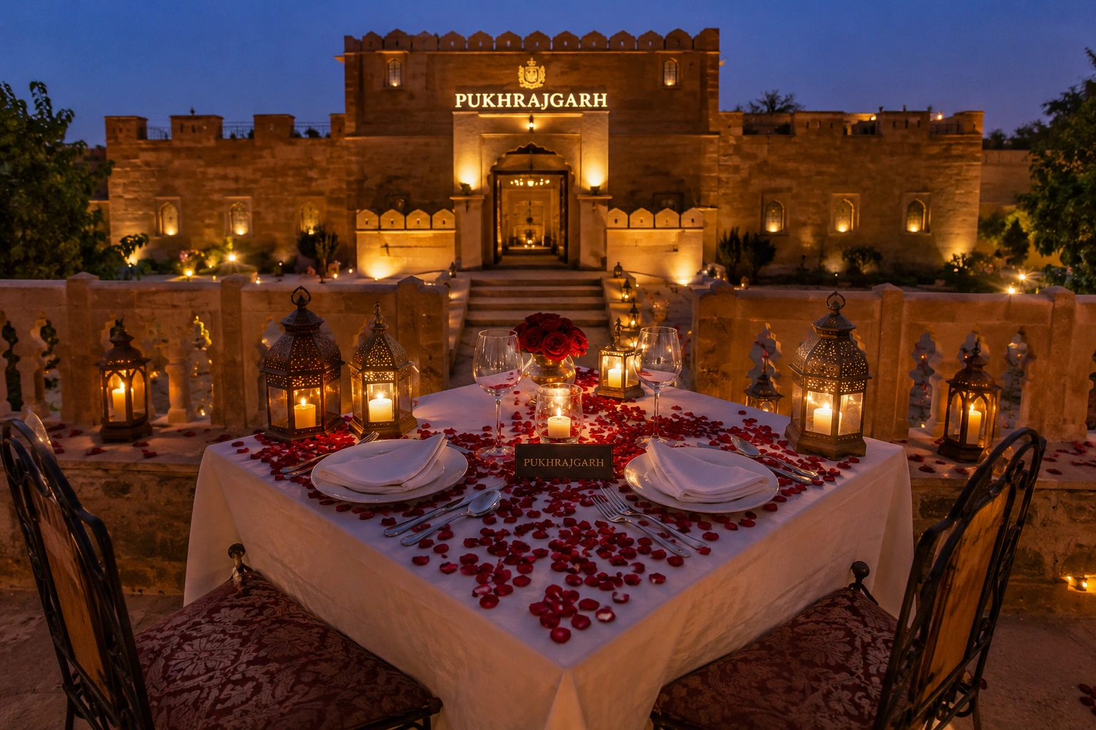 Table decorated with lanterns and rose petals