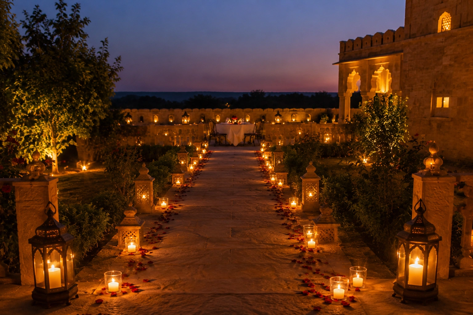 Pathway lined with candles leading to the dinner setup