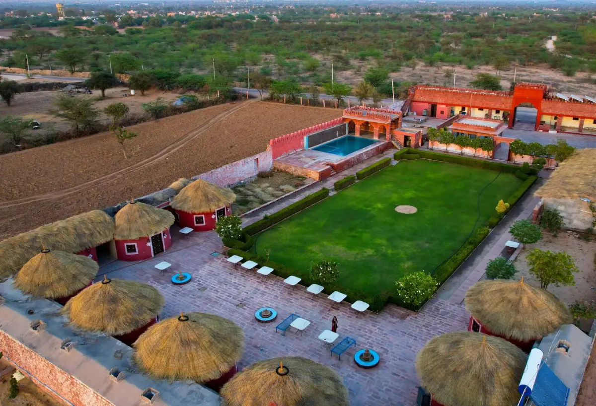 Pukhraj Garh heritage courtyard lit at dusk