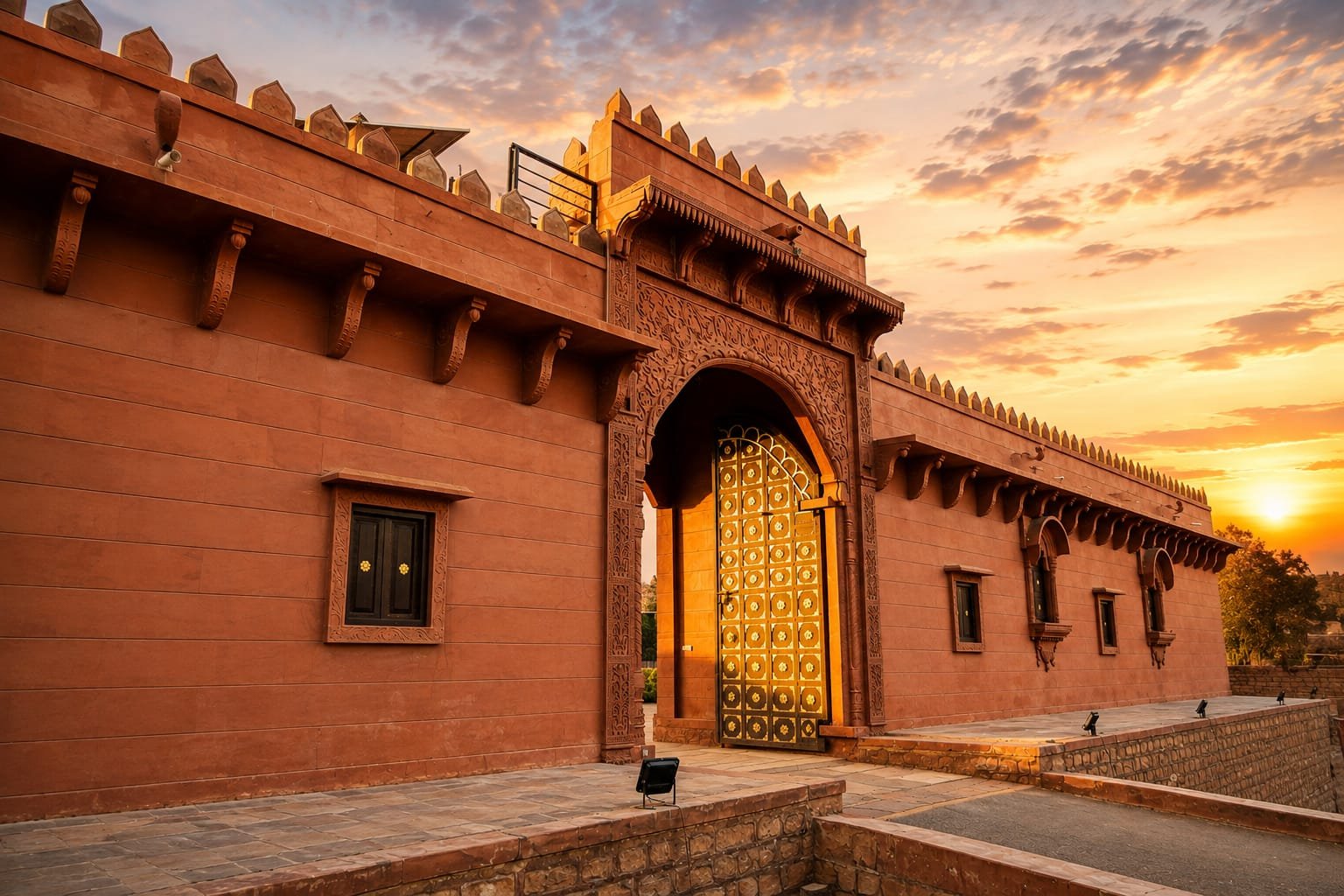 Pukhraj Garh heritage courtyard lit at dusk