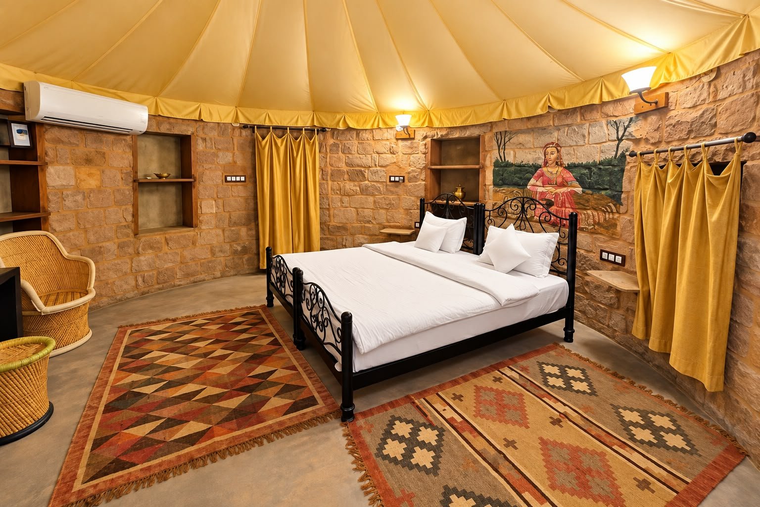 Royal Haveli Suite with wrought-iron bed and sandstone walls