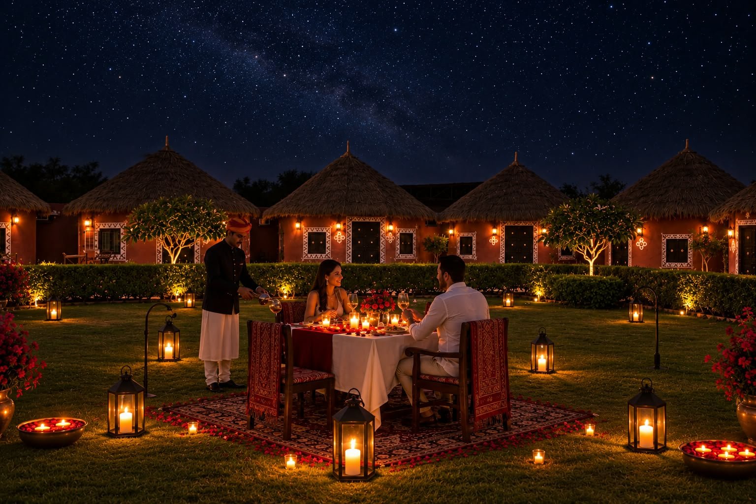 Candlelit courtyard dinner under a starry sky