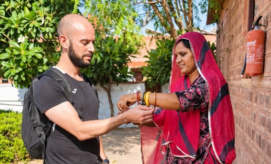 Guest receiving a traditional Kumkum Tilak welcome