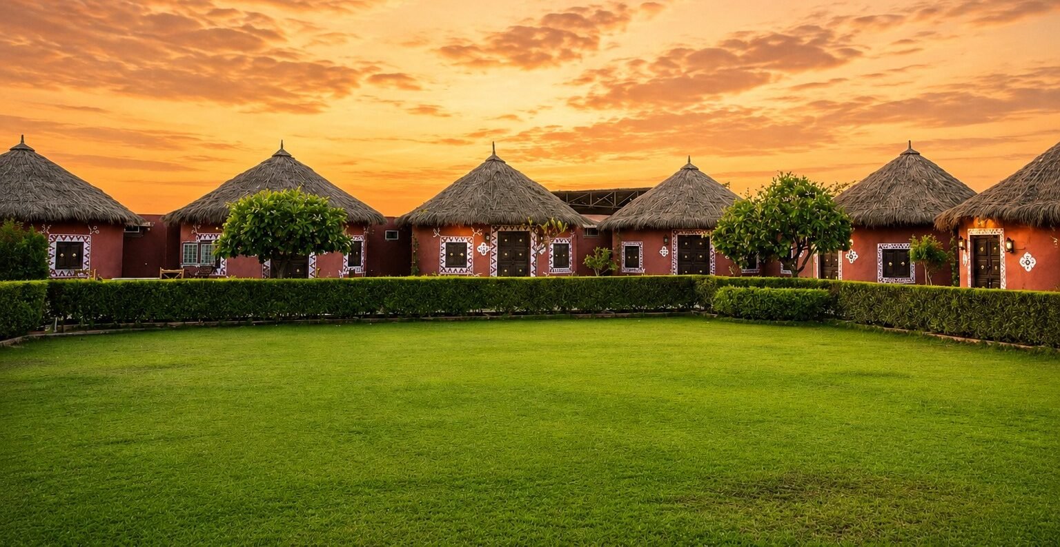 Thatched-roof heritage cottages and lawn at sunset, Pukhraj Garh, Salawas