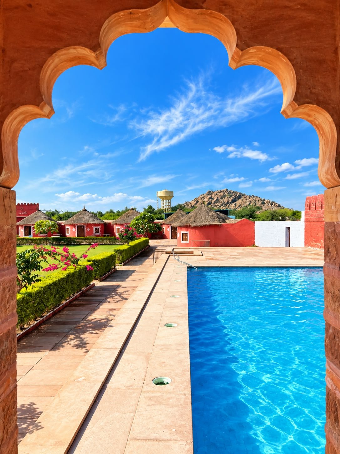Swimming pool and thatched cottages framed by a sandstone arch