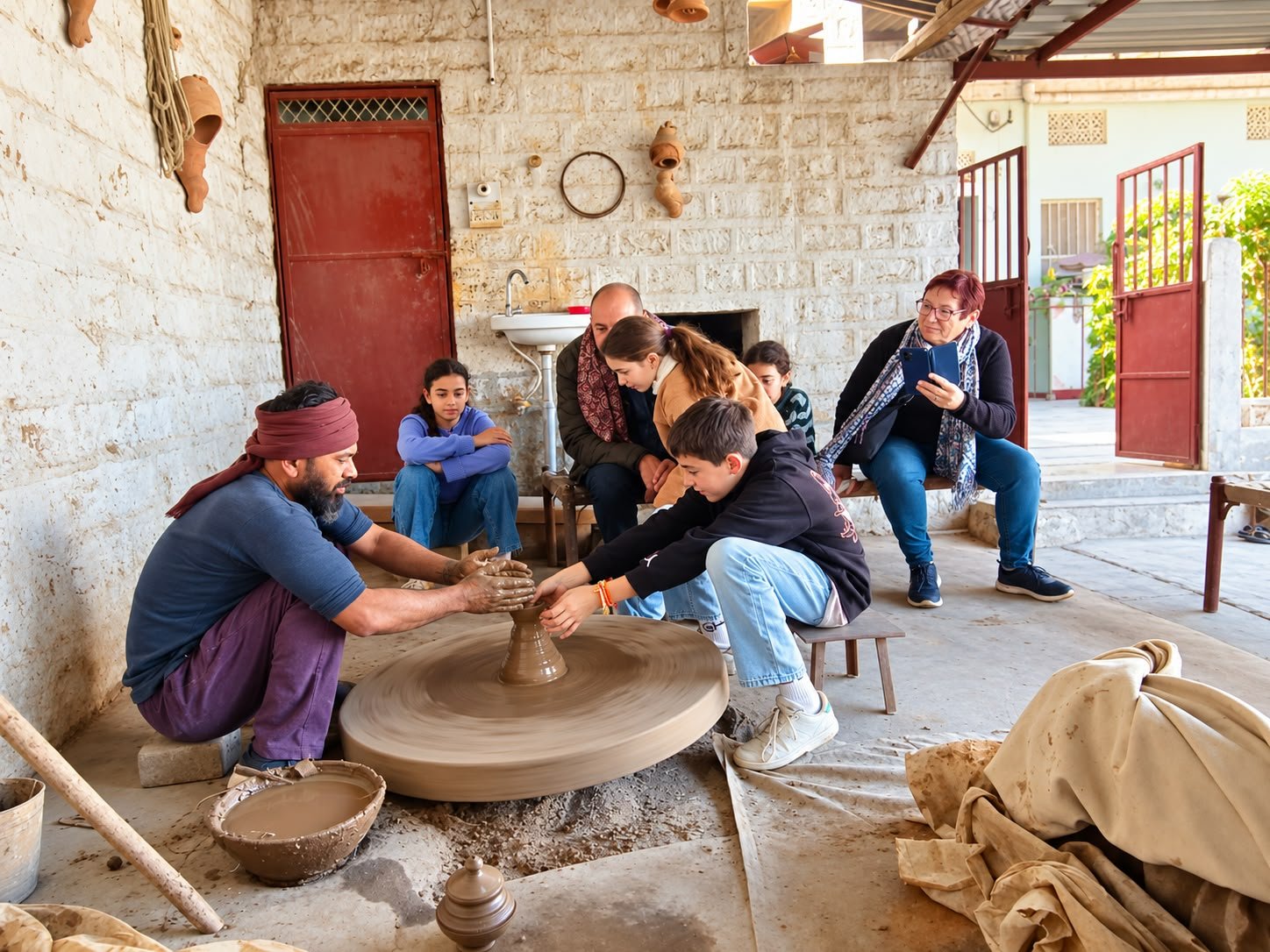 Potter shaping clay on a manual wheel