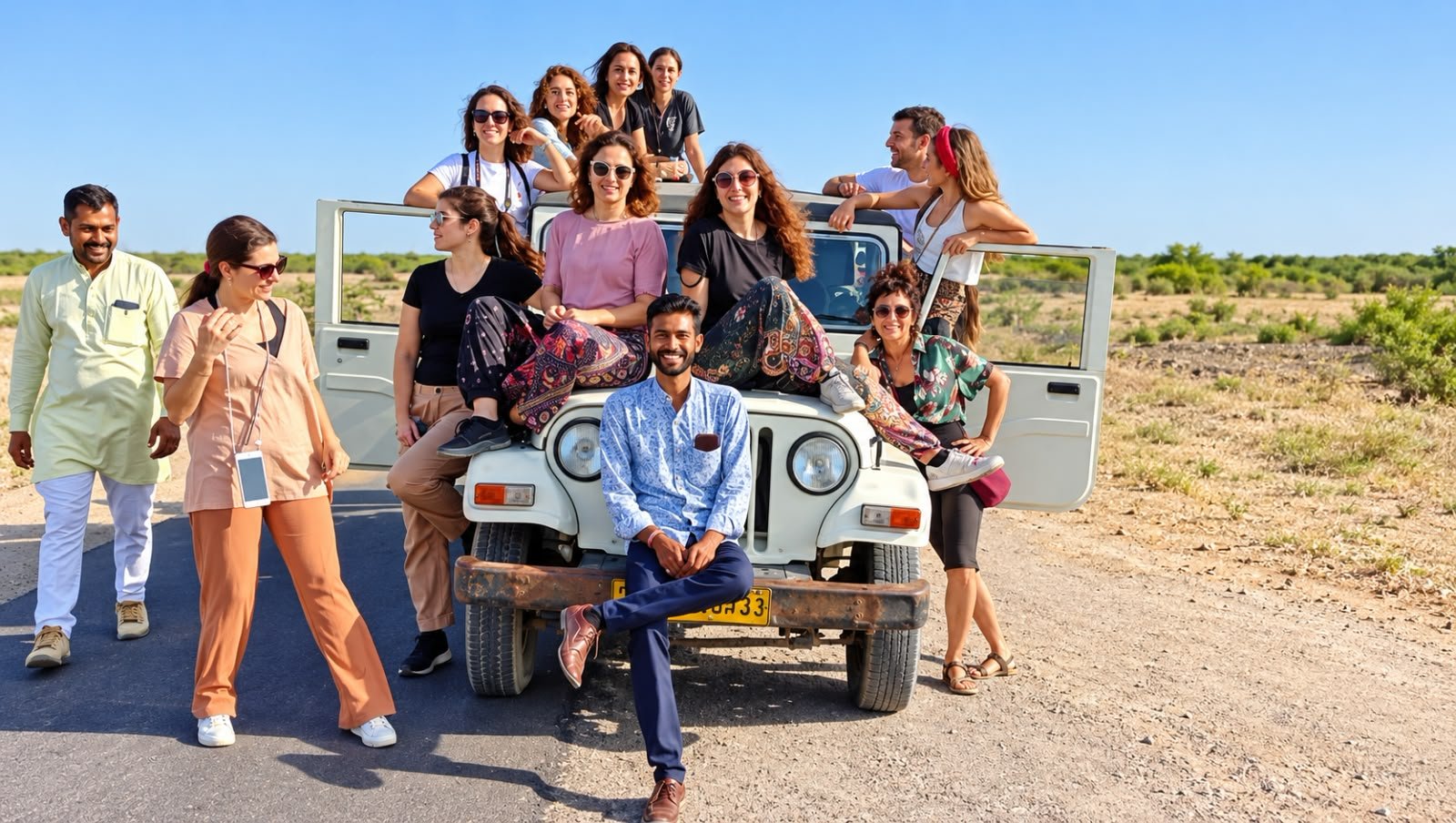Group of travellers posing on a jeep in the Thar Desert