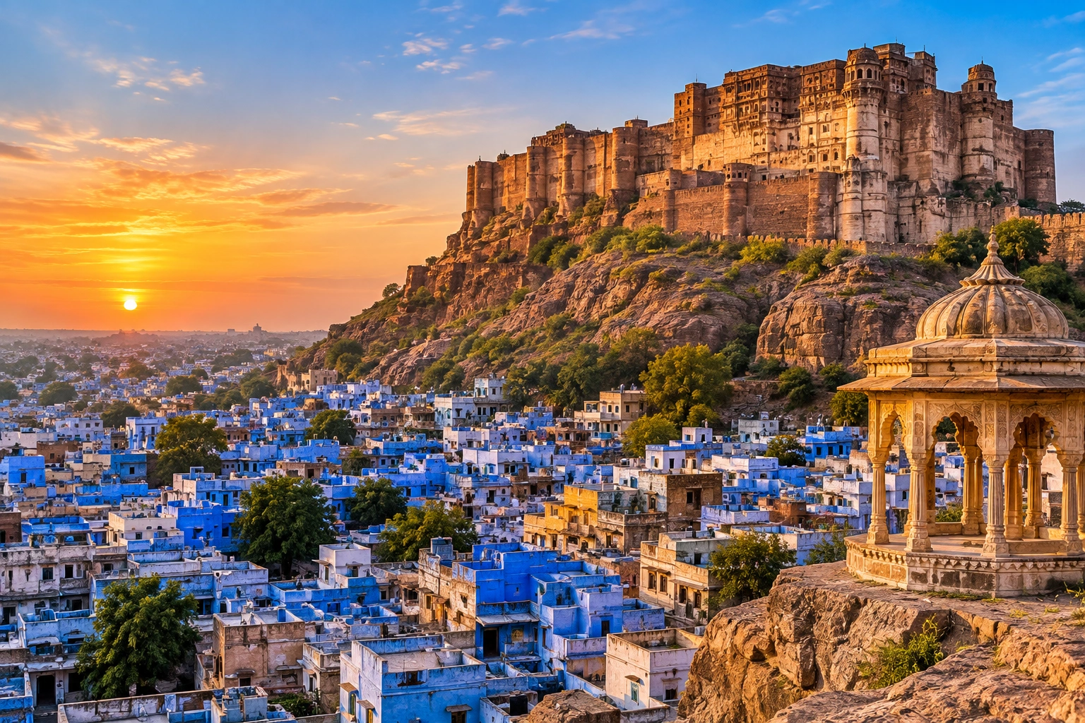 Bougainvillea over a courtyard with Jodhpur hills in the distance