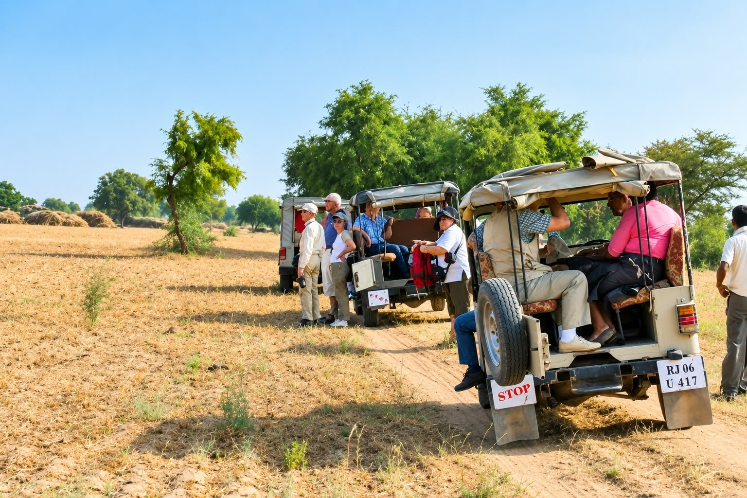 Open 4x4 jeeps on a Bishnoi village safari